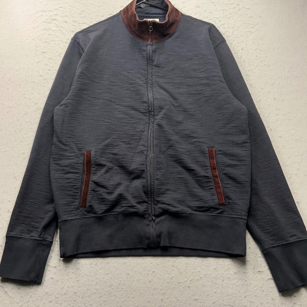 Billy Reid Mens Full Zip Sweatshirt Navy Blue Suede Trim Mock Neck Size L 1706